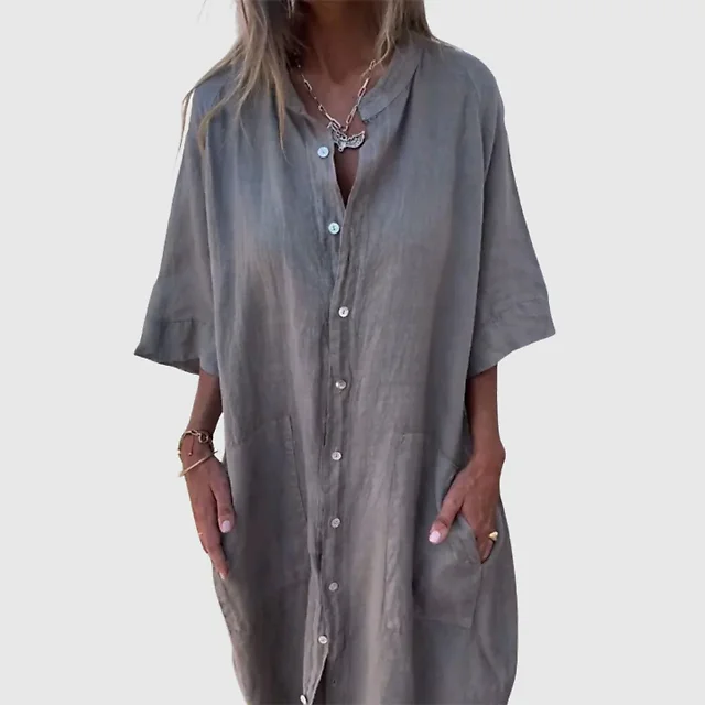 Band Collar Shirt Dress in Dark Gray