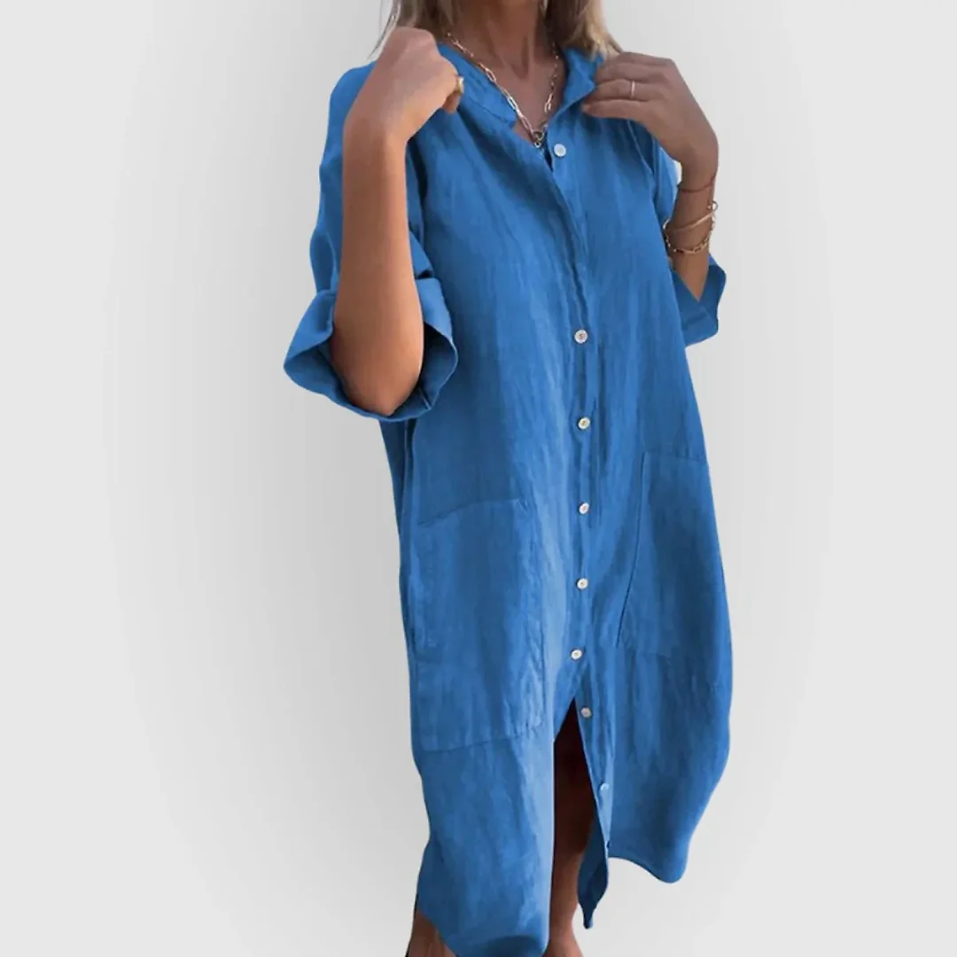 Band Collar Shirt Dress in Blue