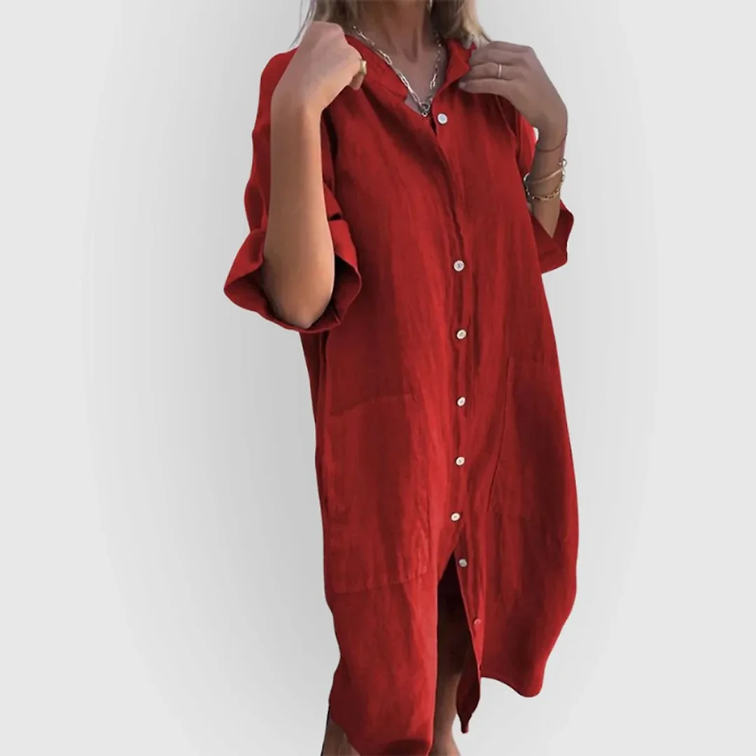 Band Collar Shirt Dress in Rust