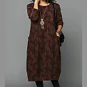 Leaf Print Knit Midi Dress in Brown