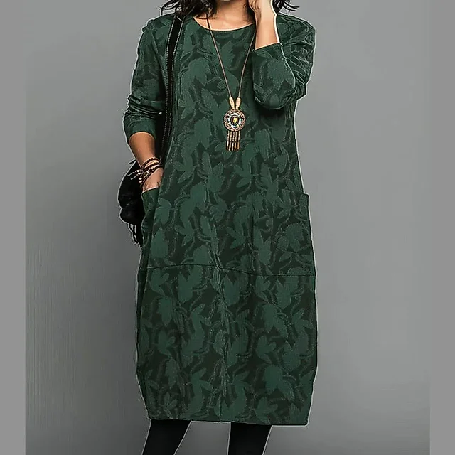 Leaf Print Knit Midi Dress in Green