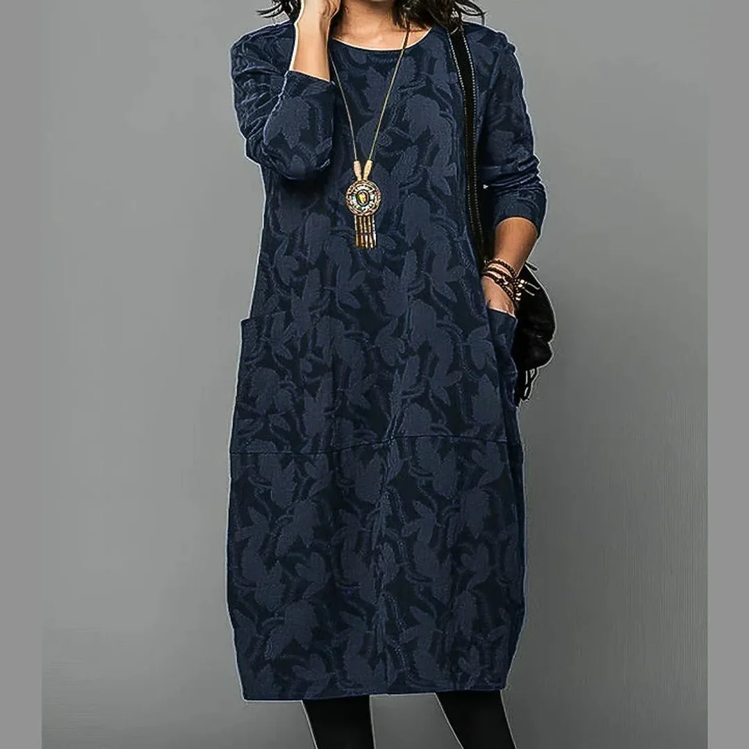 Leaf Print Knit Midi Dress in Navy Blue