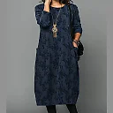 Leaf Print Knit Midi Dress in Navy Blue