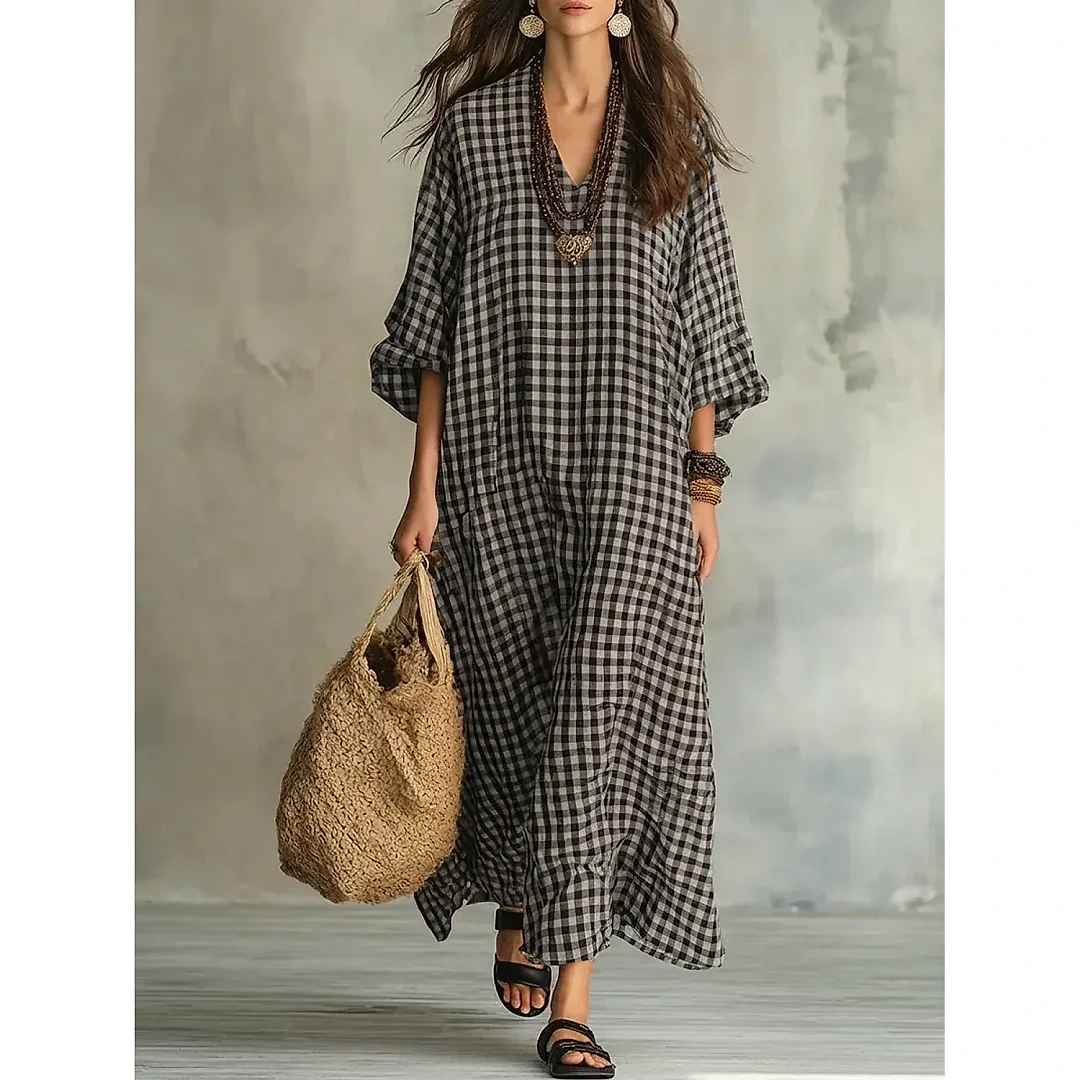 Check Print V-Neck Maxi Dress in Gray