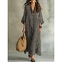 Check Print V-Neck Maxi Dress in Gray