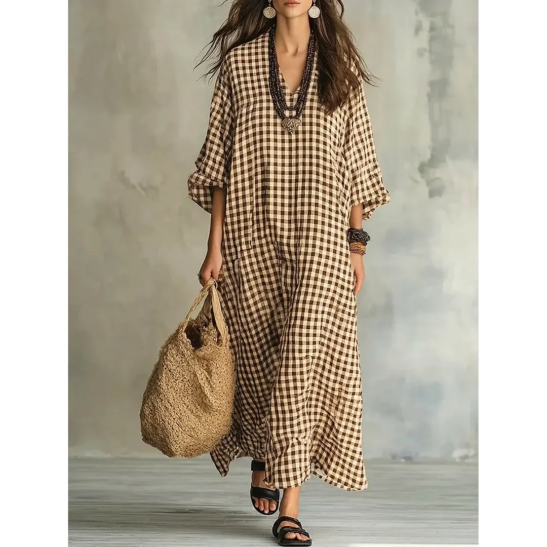 Check Print V-Neck Maxi Dress in Tan