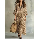 Check Print V-Neck Maxi Dress in Tan