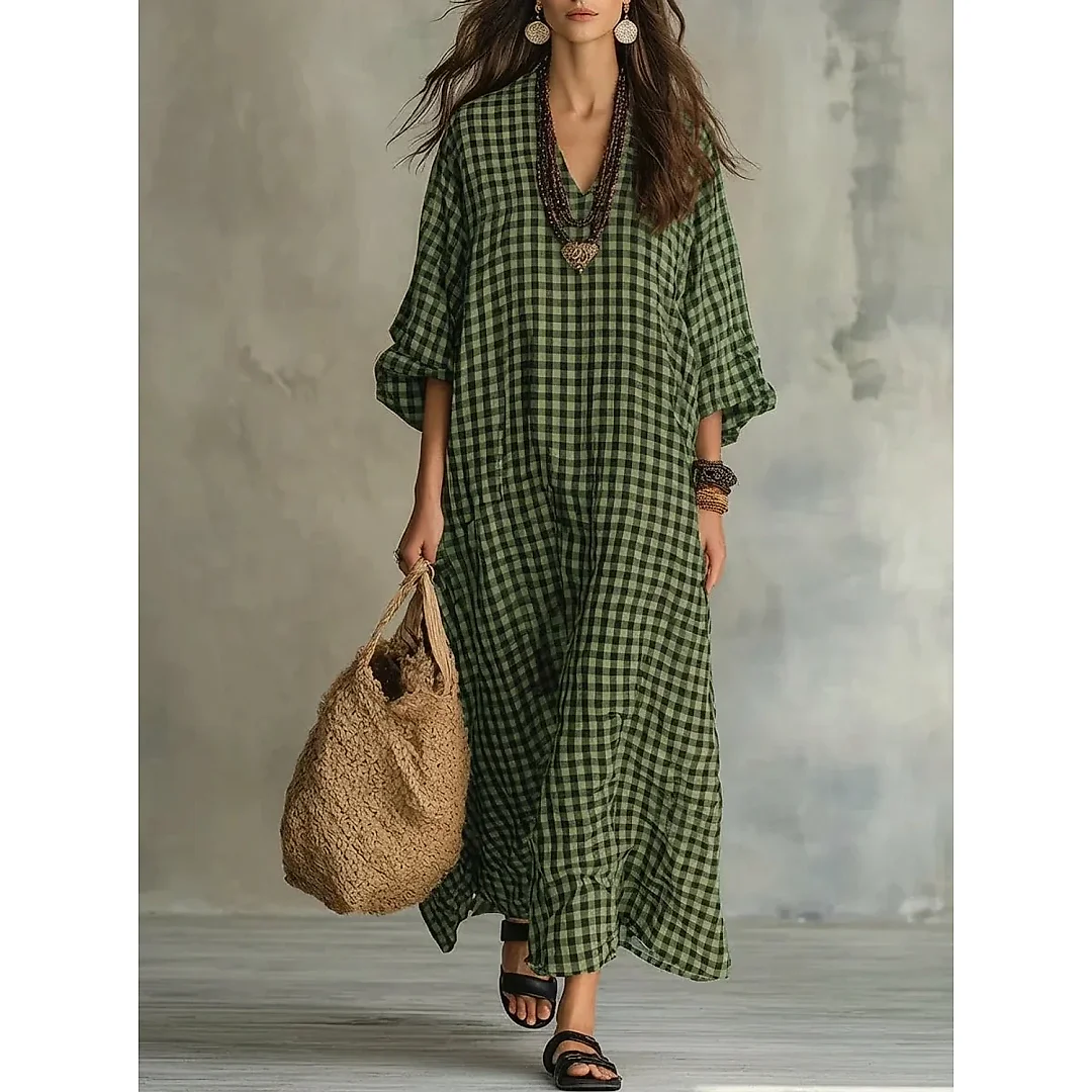 Check Print V-Neck Maxi Dress in Green