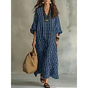 Check Print V-Neck Maxi Dress in Blue