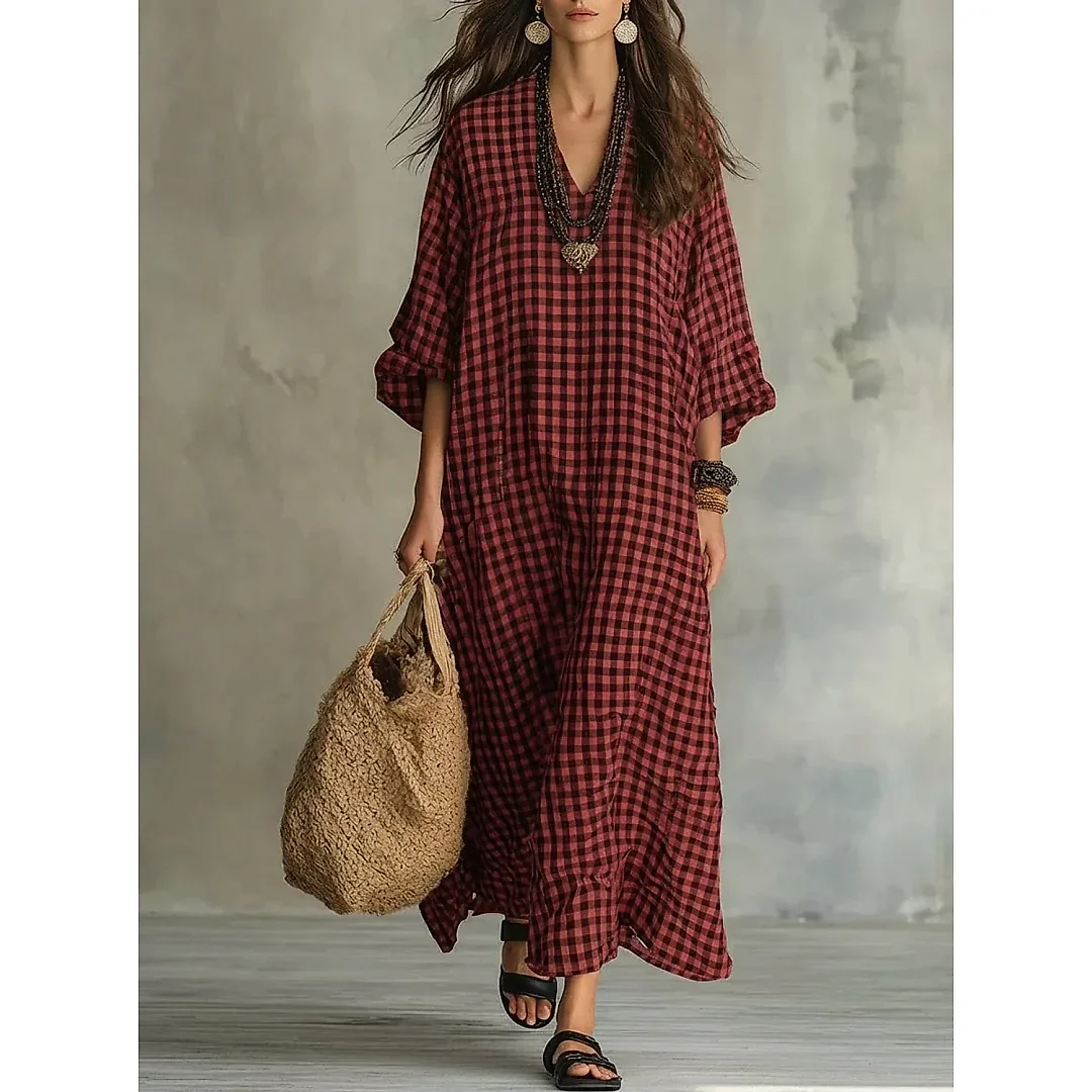 Check Print V-Neck Maxi Dress in Red