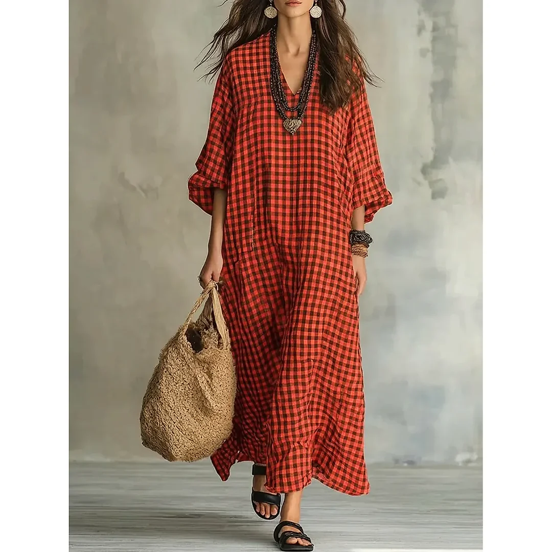 Check Print V-Neck Maxi Dress in Orange