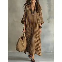 Check Print V-Neck Maxi Dress in Brown