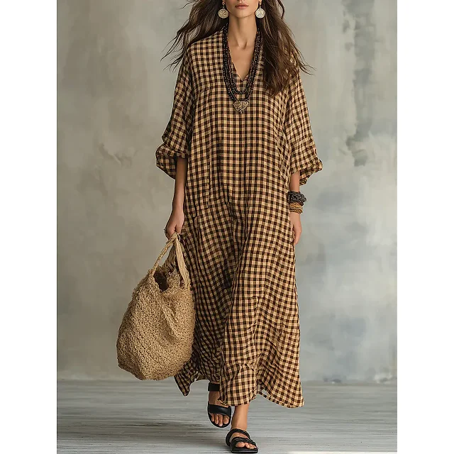 Check Print V-Neck Maxi Dress in Brown