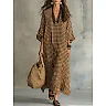 Check Print V-Neck Maxi Dress, Full 3/4 Sleeves