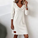 Cowl Neck Rib Knit Dress in White