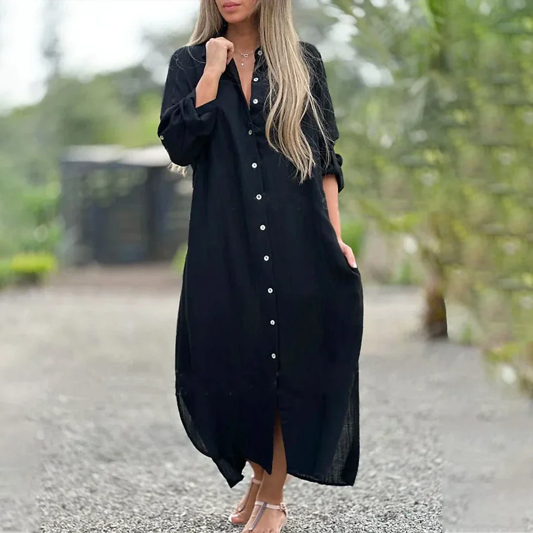 Ankle-Length Shirt Dress in Black