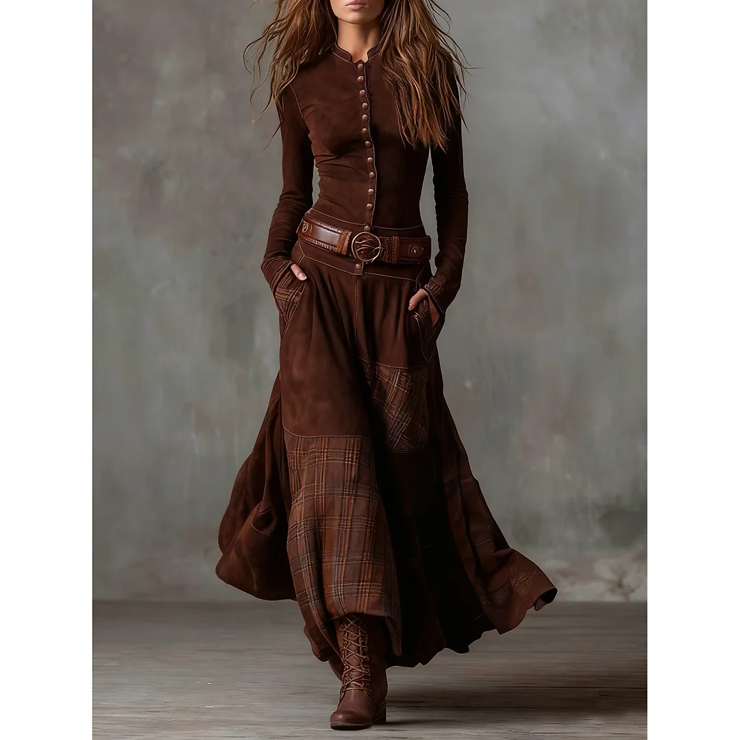 Belted Patchwork Maxi Dress in Brown