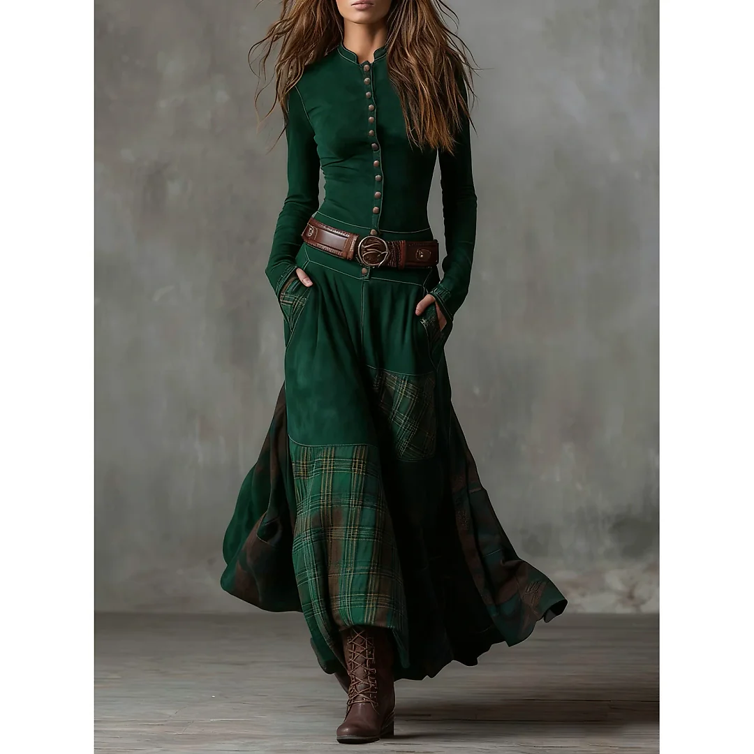 Belted Patchwork Maxi Dress in Green