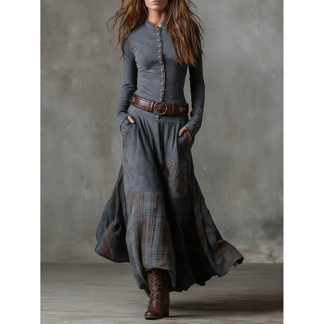Belted Patchwork Maxi Dress in Gray